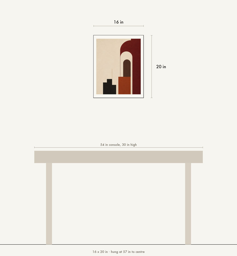 Scale drawing: Quiet Geometry No. 2 at 16 by 20 inches above a 54 inch console, hung at 57 inches to centre.