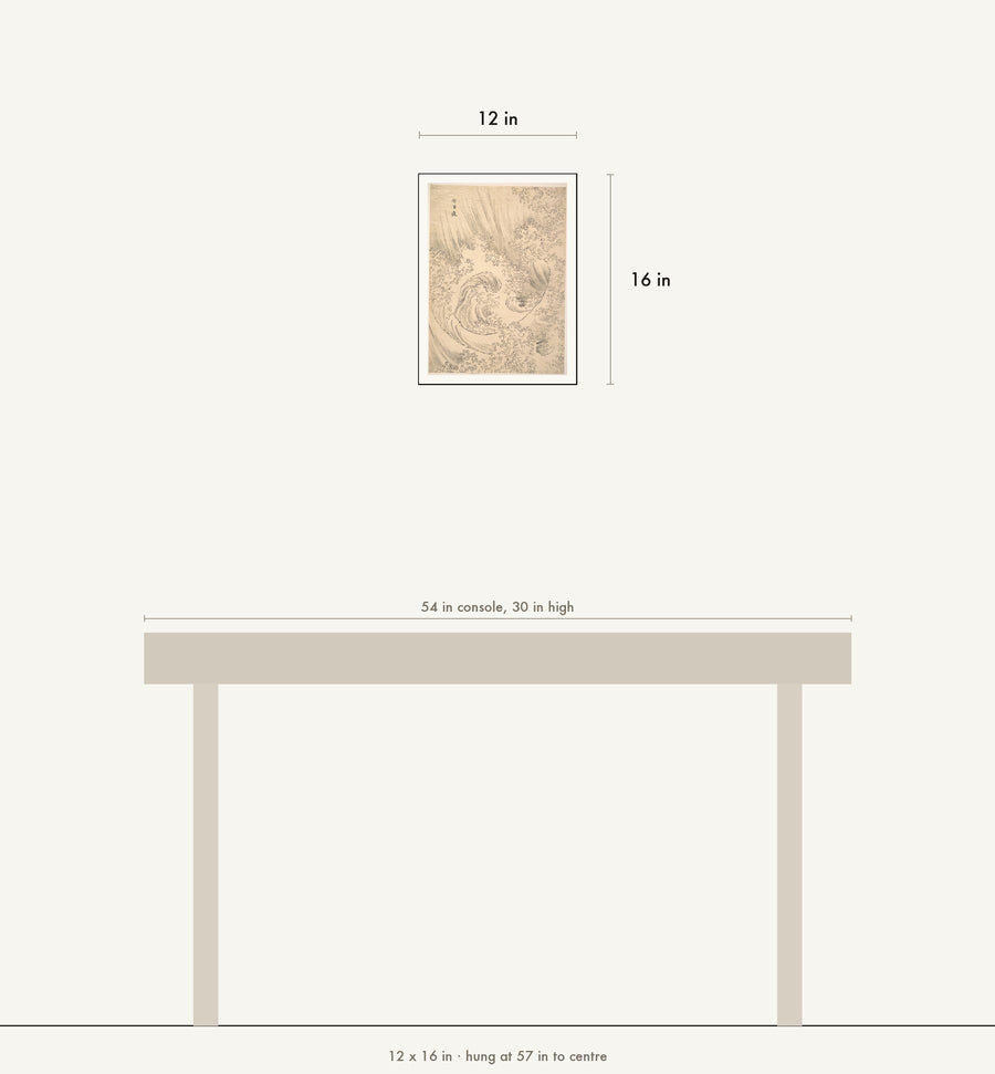 Scale drawing: this print at 12 by 16 inches shown above a 54 inch console, hung at 57 inches to centre.