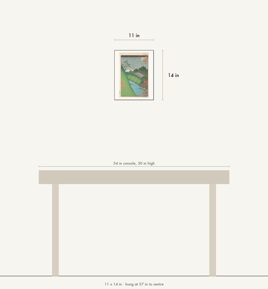 Scale drawing: this print at 11 by 14 inches shown above a 54 inch console, hung at 57 inches to centre.