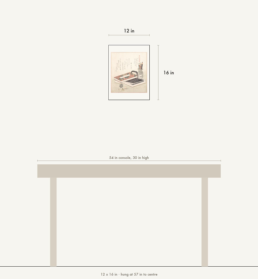 Scale drawing: this print at 12 by 16 inches shown above a 54 inch console, hung at 57 inches to centre.