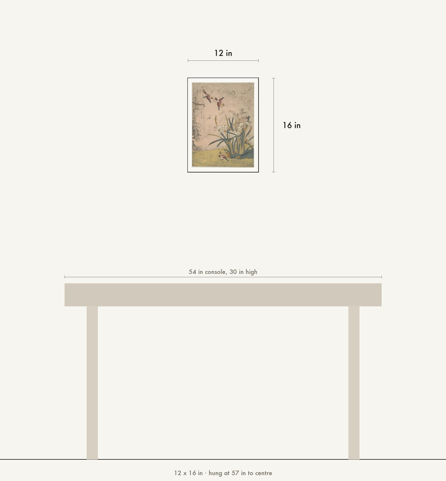 Scale drawing: this print at 12 by 16 inches shown above a 54 inch console, hung at 57 inches to centre.