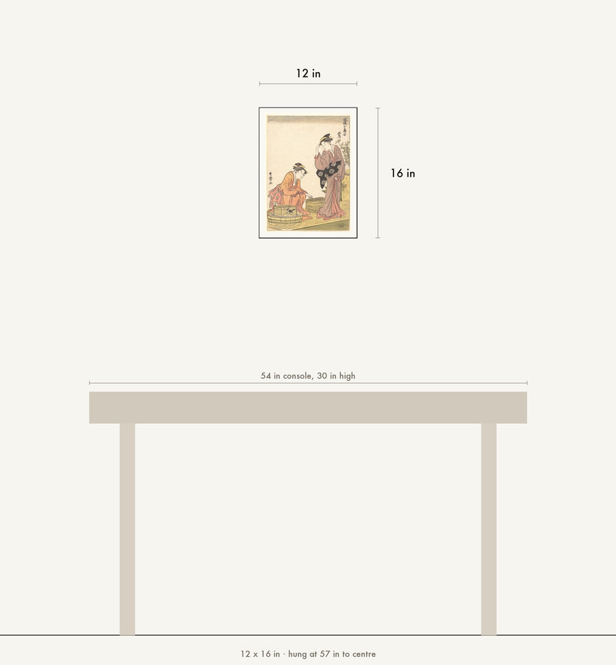 Scale drawing: this print at 12 by 16 inches shown above a 54 inch console, hung at 57 inches to centre.