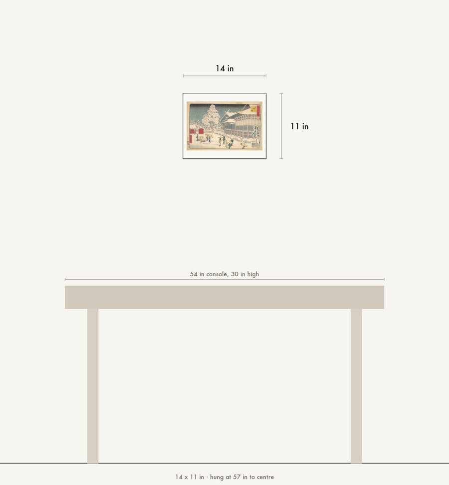Scale drawing: this print at 14 by 11 inches shown above a 54 inch console, hung at 57 inches to centre.