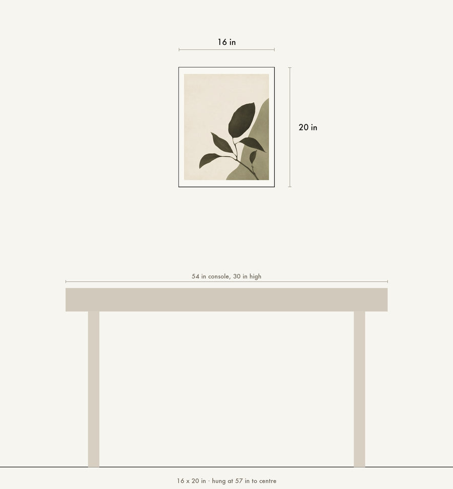 Scale drawing: this print at 16 by 20 inches shown above a 54 inch console, hung at 57 inches to centre.