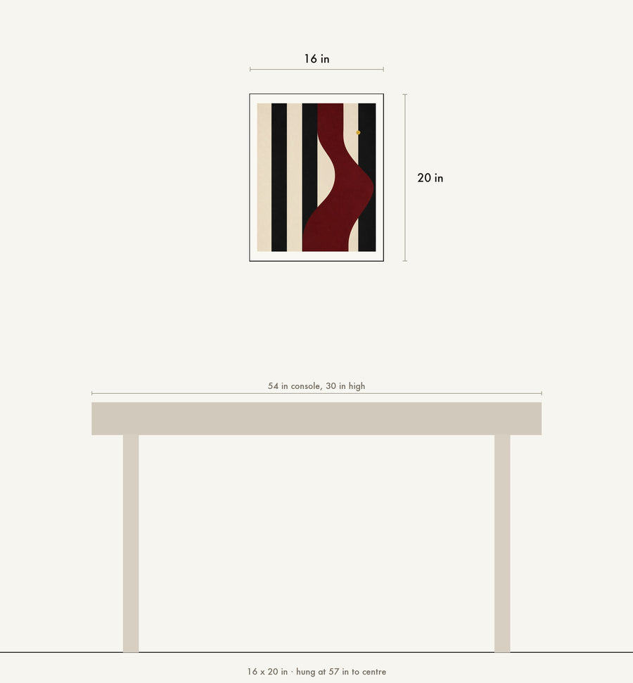 Scale drawing: this print at 16 by 20 inches shown above a 54 inch console, hung at 57 inches to centre.