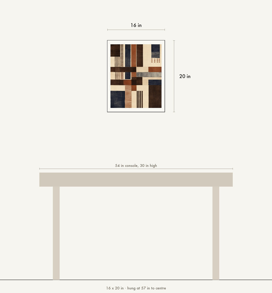 Scale drawing: this print at 16 by 20 inches shown above a 54 inch console, hung at 57 inches to centre.