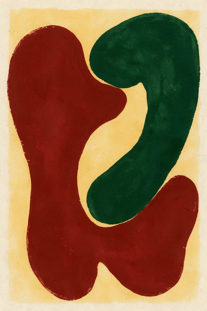 Knot, Ochre — oxblood and green rounded shapes interlocked on ochre; art print, unframed