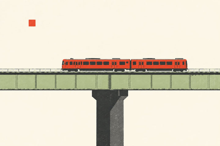 Morning Train — red train crossing a green viaduct on cream; art print, unframed