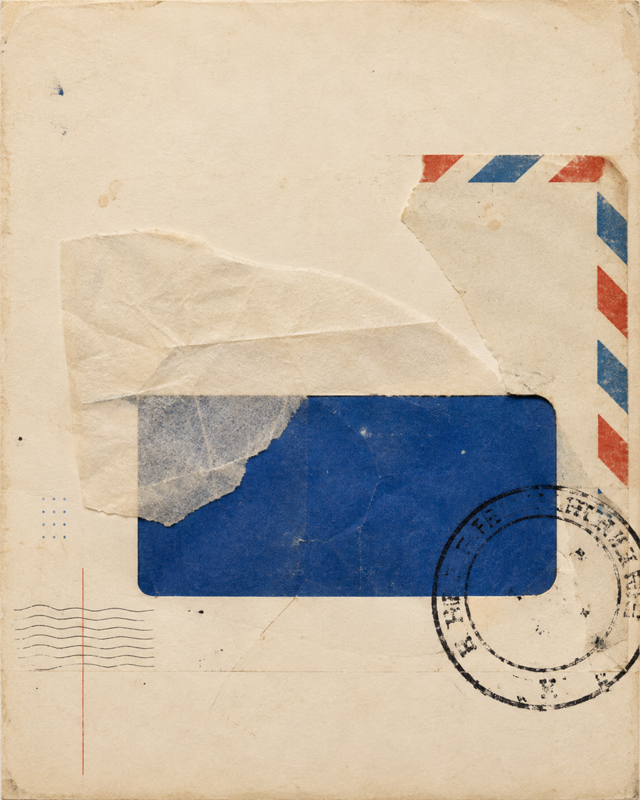 Air Mail Study, an OVREL print: torn paper collage with a cobalt panel, airmail stripes and a postmark