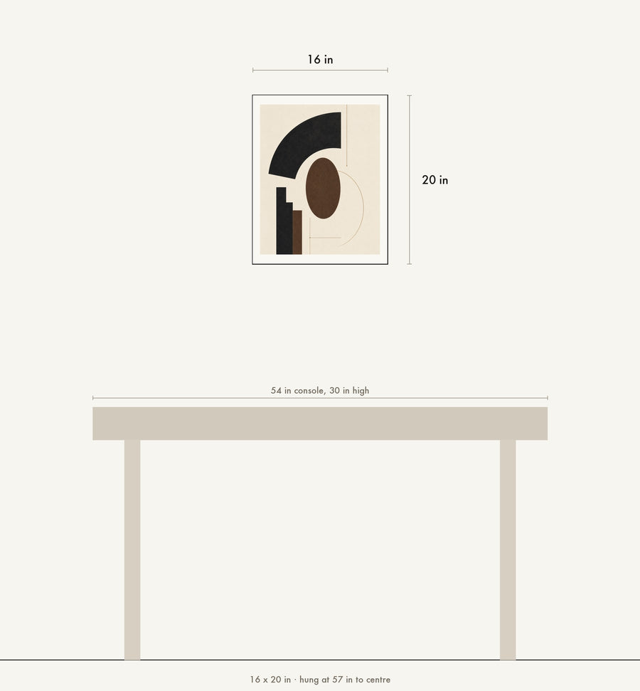 Scale drawing: Quiet Geometry No. 1 at 16 by 20 inches above a 54 inch console, hung at 57 inches to centre.