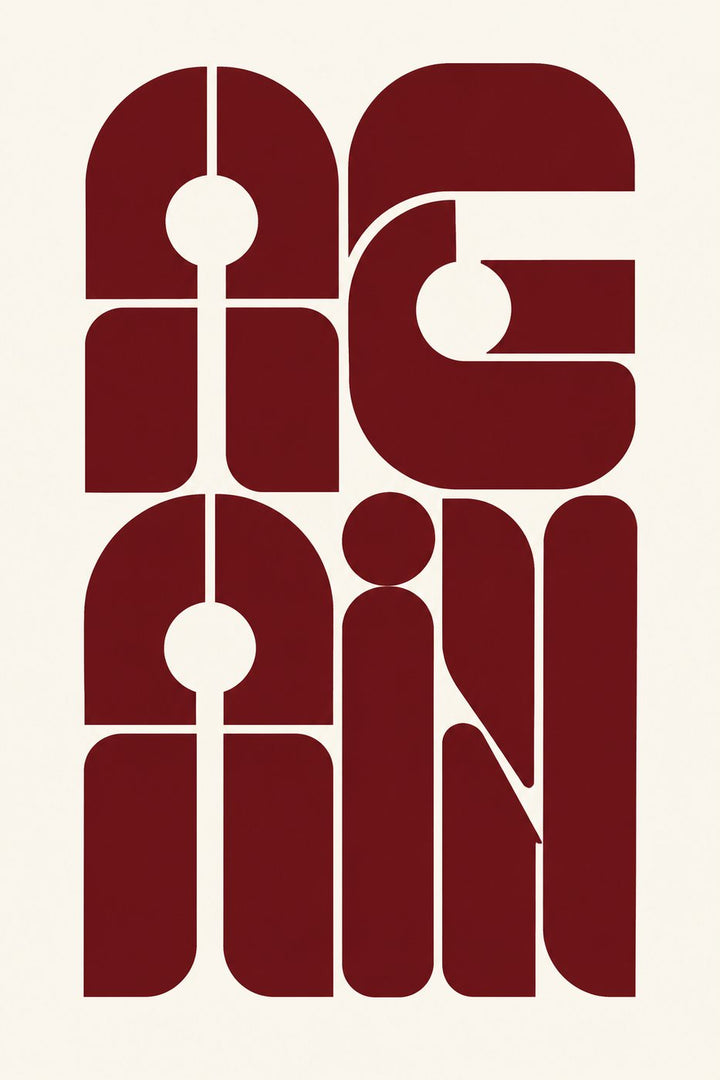 Again — the word AGAIN in rounded oxblood stencil type; art print, unframed