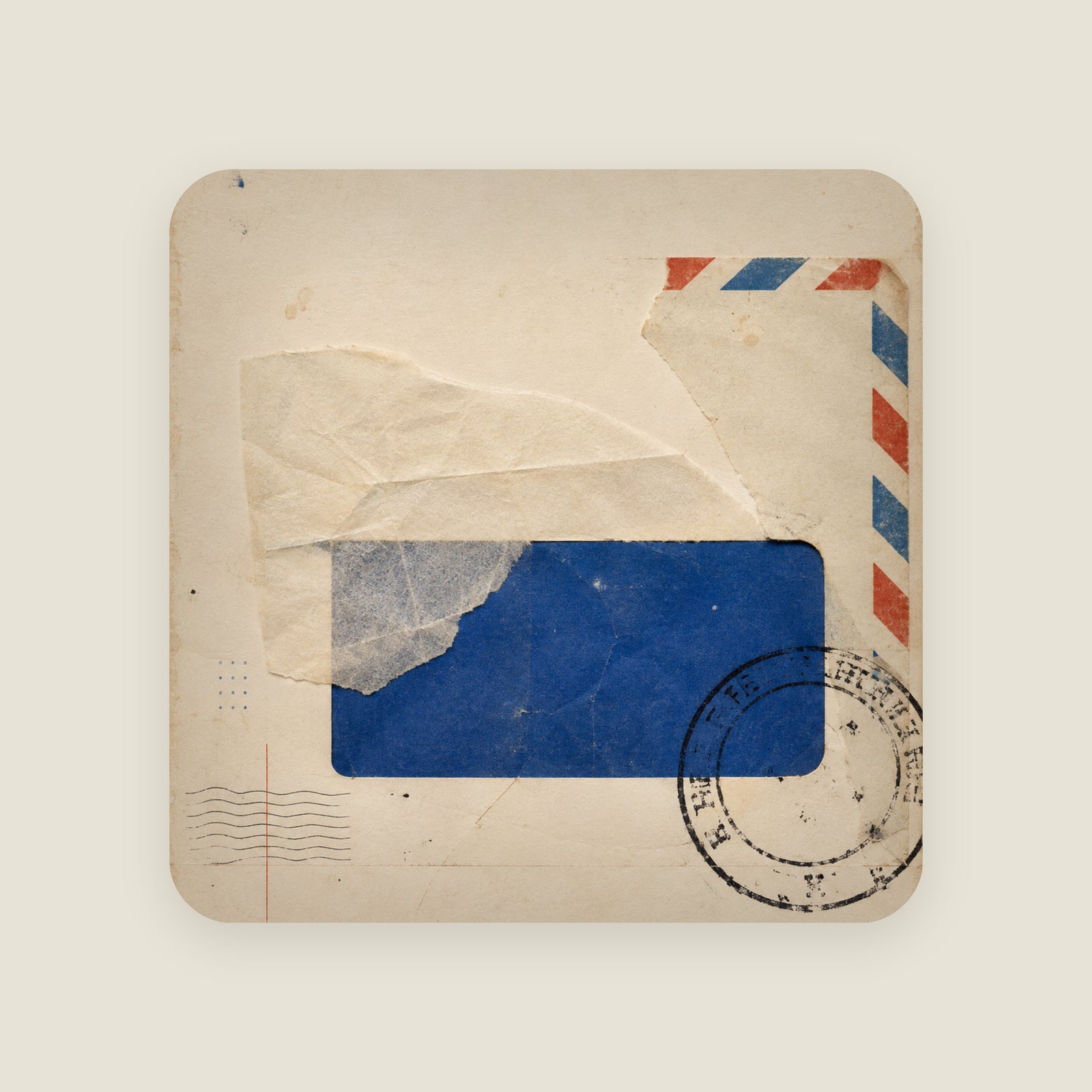 Air Mail Study cushion: torn paper collage with a cobalt panel, airmail chevrons and a postmark, on a 24 by 24 inch faux-suede cushion.