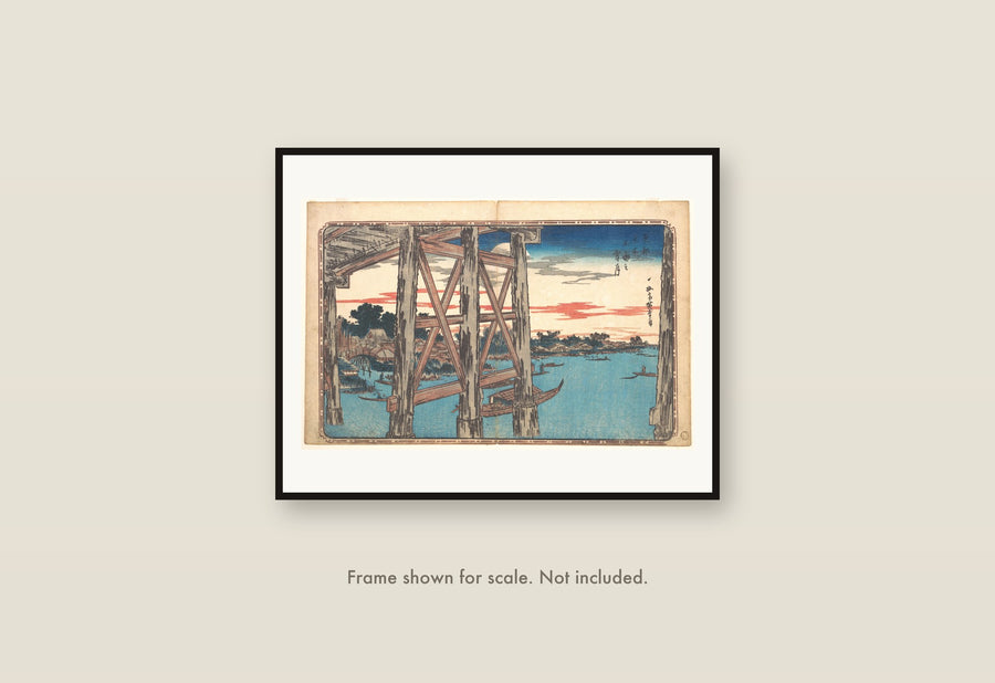 Twilight Moon at Ryogoku Bridge shown framed on a wall at its 11 by 14 inch print size. Frame shown for scale and not included.