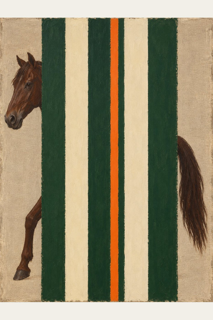 Behind the Stripe — horse head and tail showing either side of green, cream and orange stripes; art print, unframed