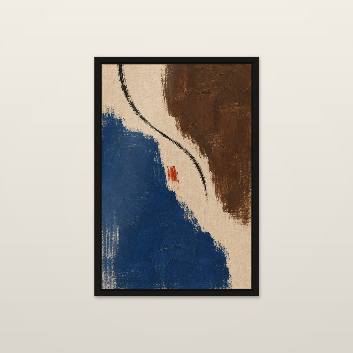 Brushwork, Cobalt and Brown by OVREL, framed in black and hung on a wall. Dragged cobalt and brown with a single orange mark.