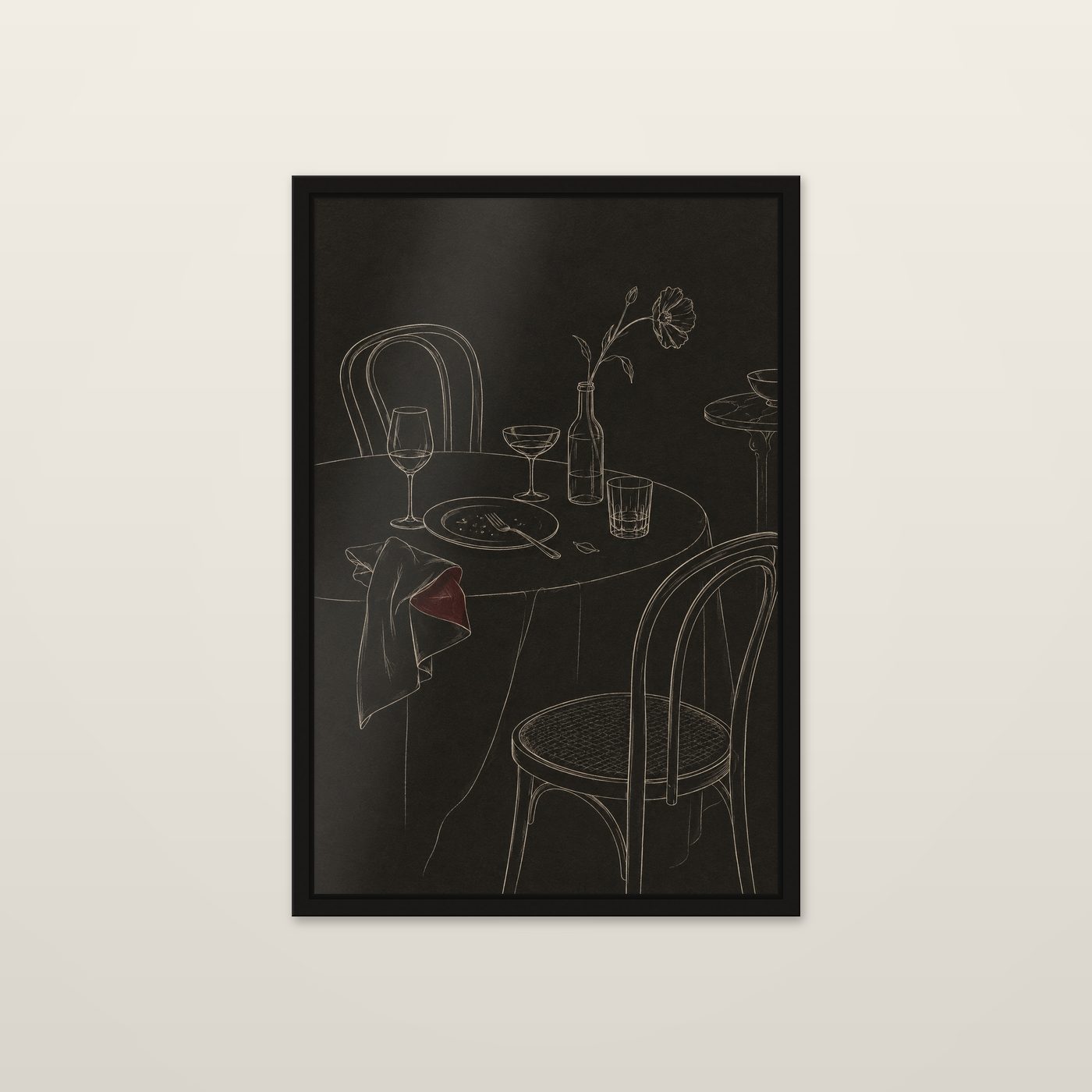 After Dinner by OVREL, framed in black and hung on a wall. A cleared dinner table and bentwood chairs in cream line on black.