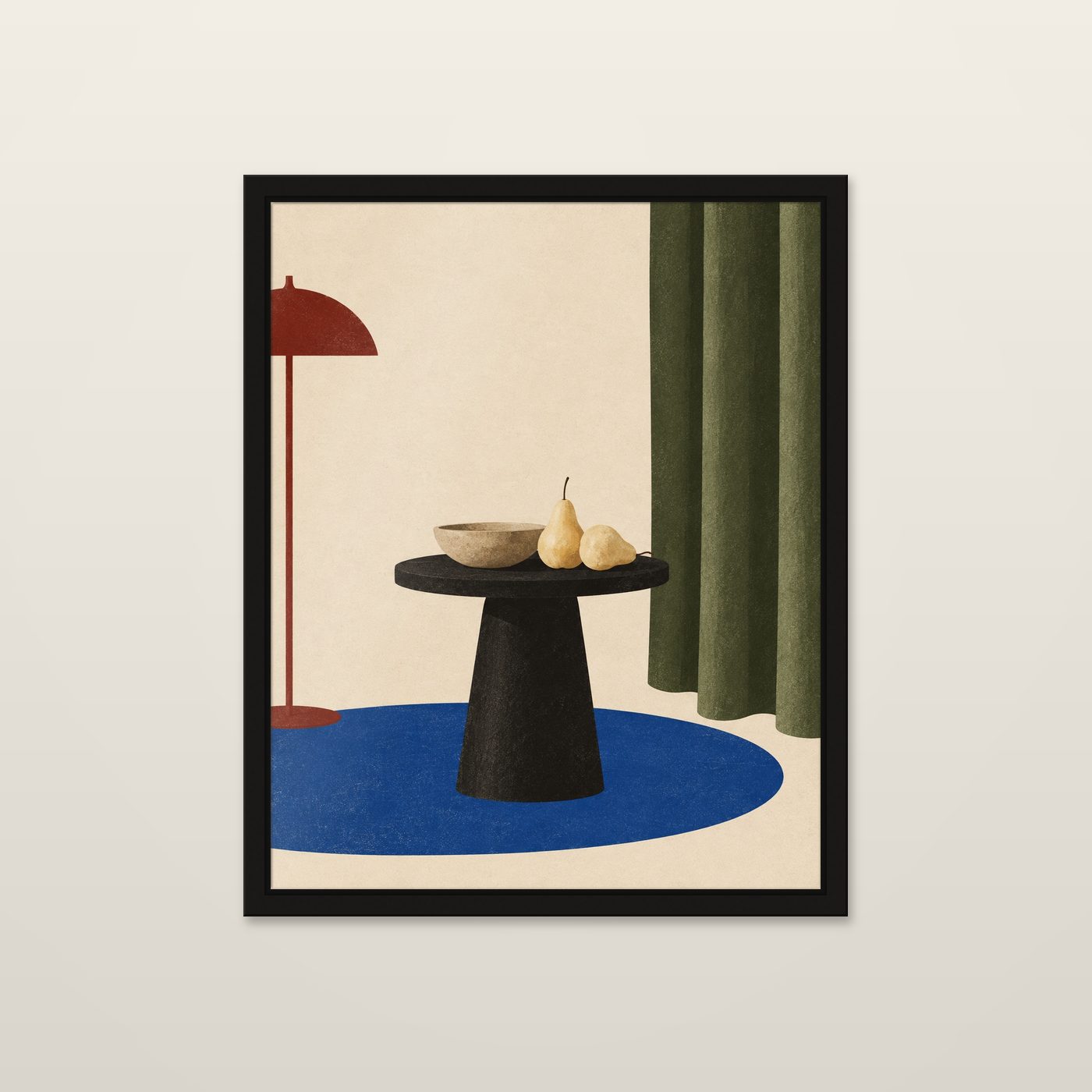 Pears, Green Curtain by OVREL, framed in black and hung on a wall. A pedestal table, two pears and a bowl against an olive curtain.