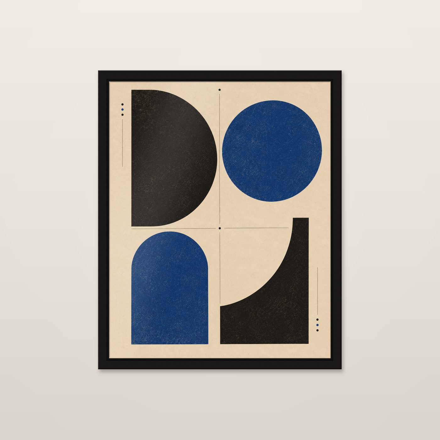 Four Quarters by OVREL, framed in black and hung on a wall. Four cells of cobalt and black geometry on warm ivory.