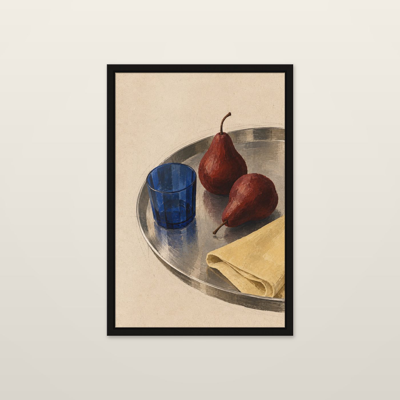 Pears and Cobalt Glass by OVREL, framed in black and hung on a wall. Red pears and a cobalt glass on a metal tray.