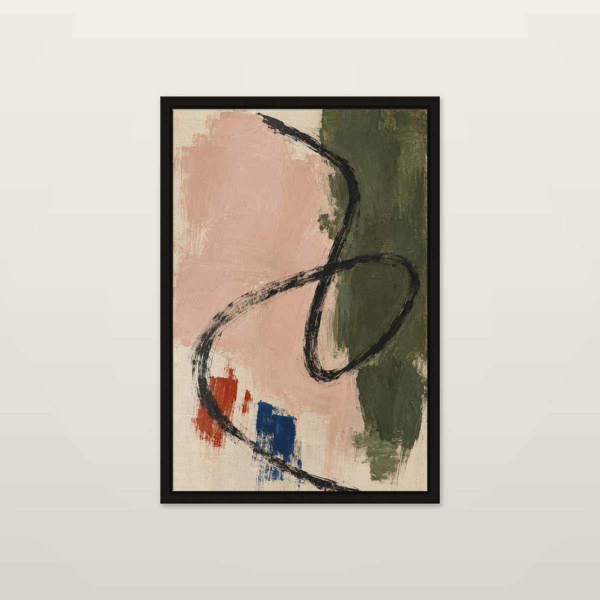 Loop, Blush and Olive by OVREL, framed in black and hung on a wall. One black looping gesture across blush and olive.