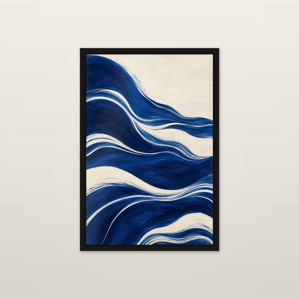 Wave Bands by OVREL, framed in black and hung on a wall. Flowing bands of cobalt and cream.