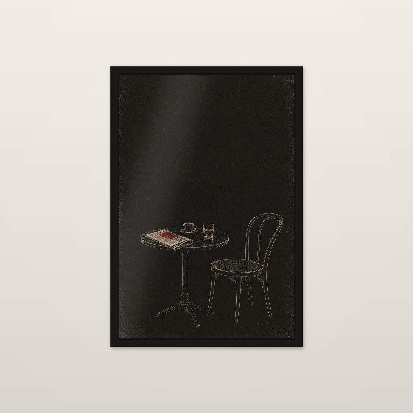 Table for One by OVREL, framed in black and hung on a wall. A café table, a bentwood chair and a folded paper in ivory line on black.