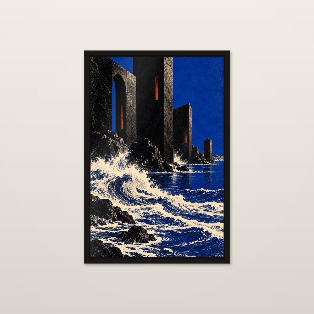 Black Towers by OVREL, framed in black and hung on a wall. Black monolithic towers over cobalt water with cream surf.