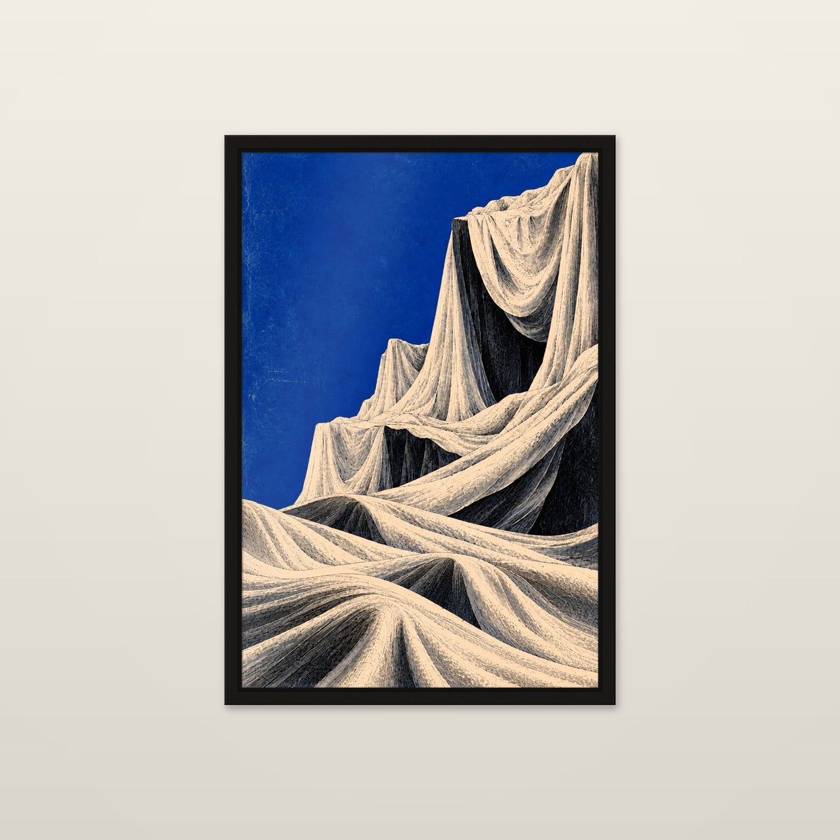 Monument by OVREL, framed in black and hung on a wall. Monumental cream forms rising against flat cobalt.