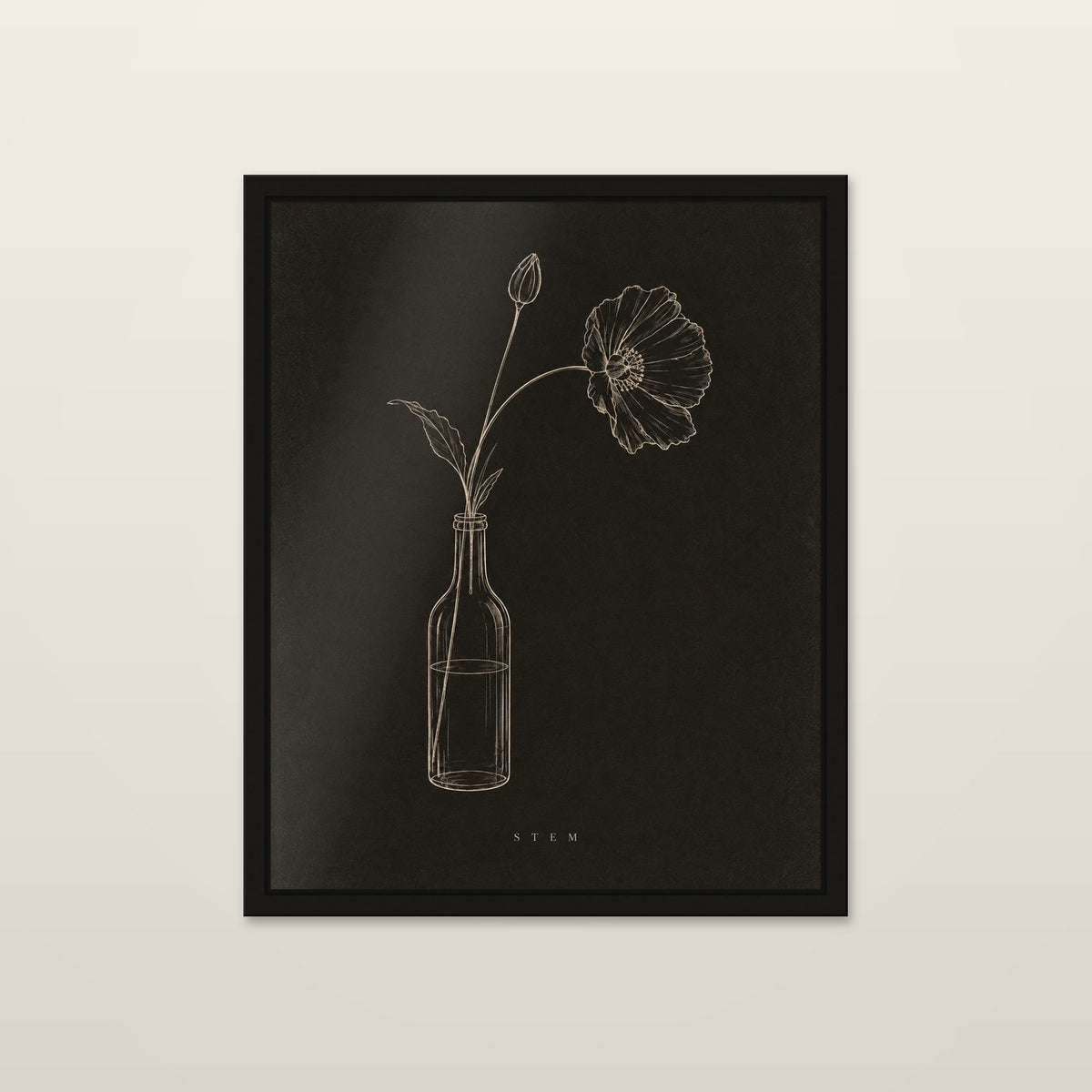 Stem by OVREL, framed in black and hung on a wall. A single poppy in a bottle drawn in one ivory line on near-black.
