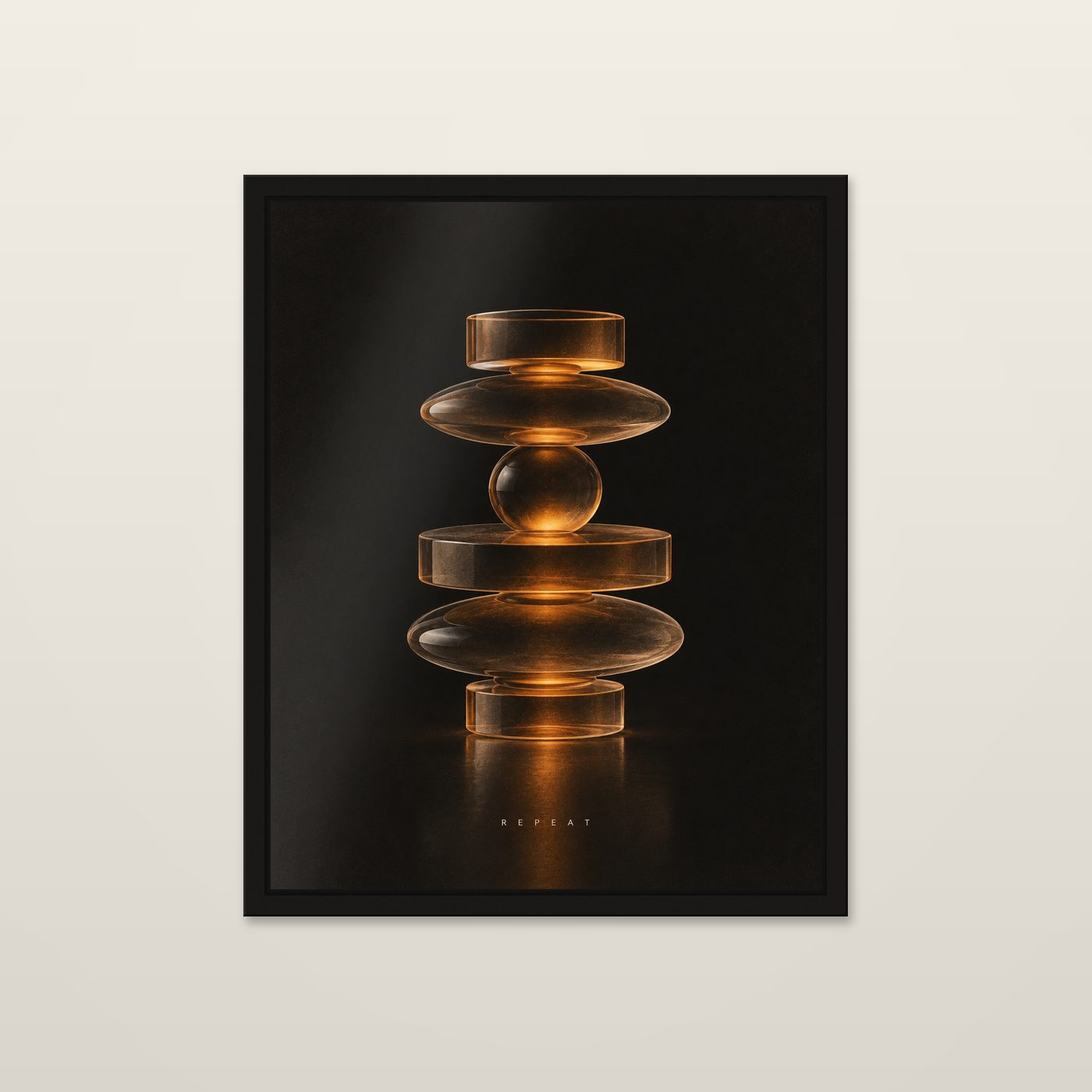 Repeat by OVREL, framed in black and hung on a wall. Stacked amber glass forms lit from within, on black.