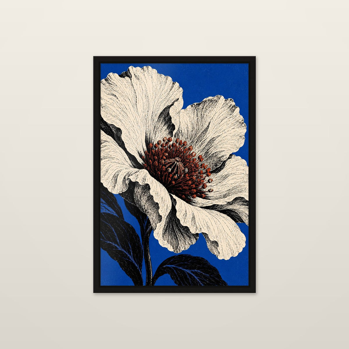 Bloom, Engraved by OVREL, framed in black and hung on a wall. An oversized cream flower with black structure and a rust centre, on cobalt.