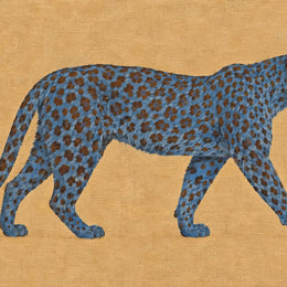 Blue Leopard — blue spotted leopard walking on a tan ground; art print, unframed