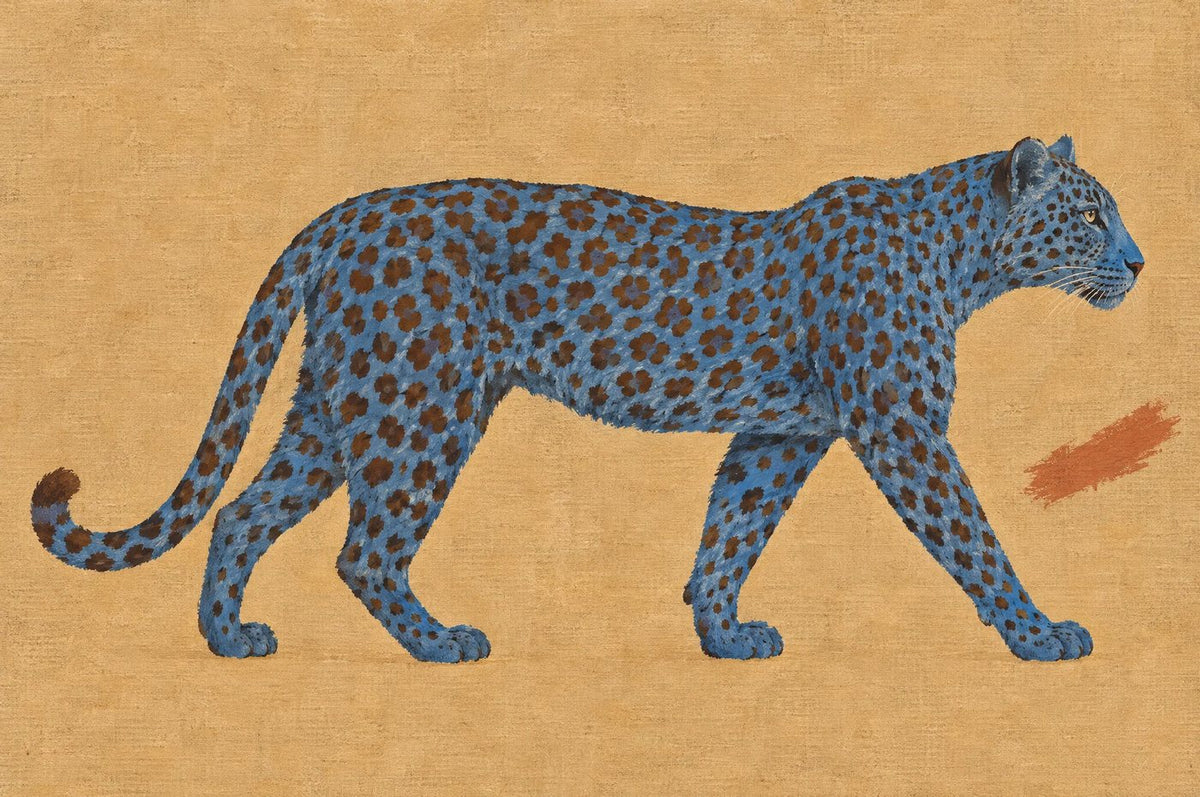 Blue Leopard — blue spotted leopard walking on a tan ground; art print, unframed