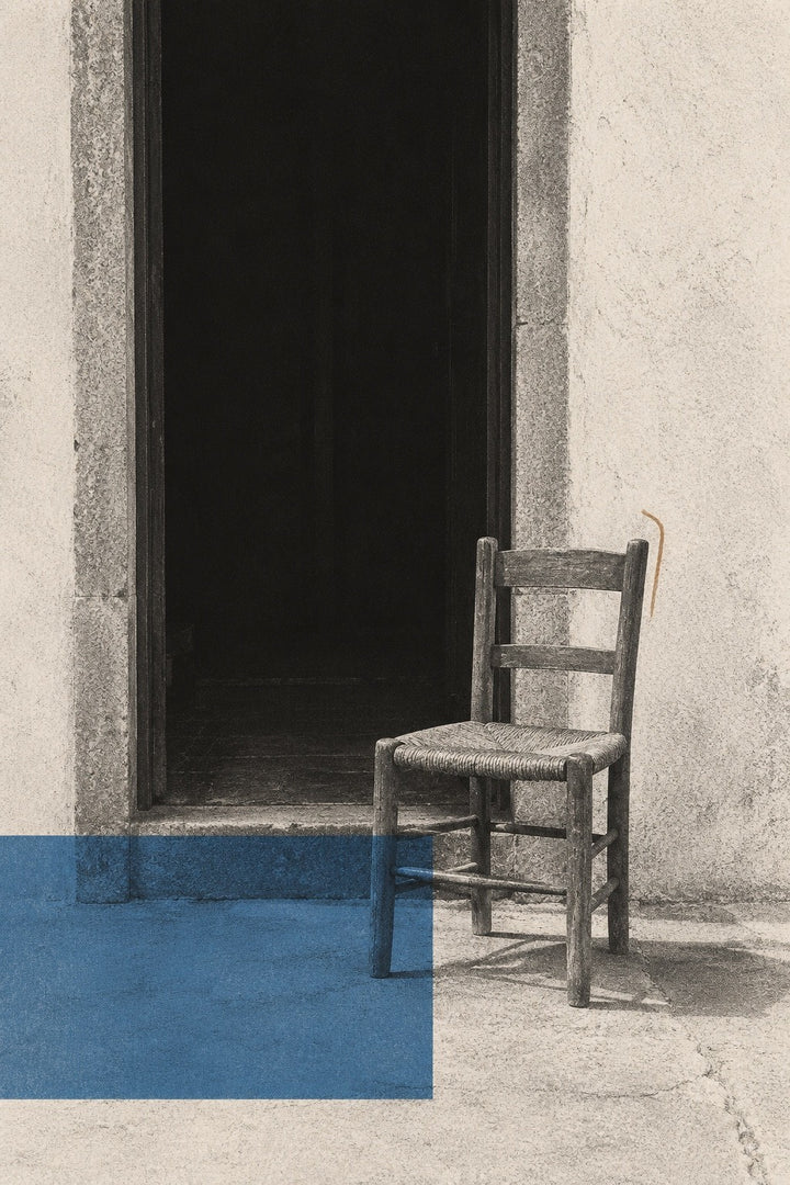 Chair, Blue Step, the unframed sheet. A rush-seated chair beside a dark doorway and one blue-painted step.