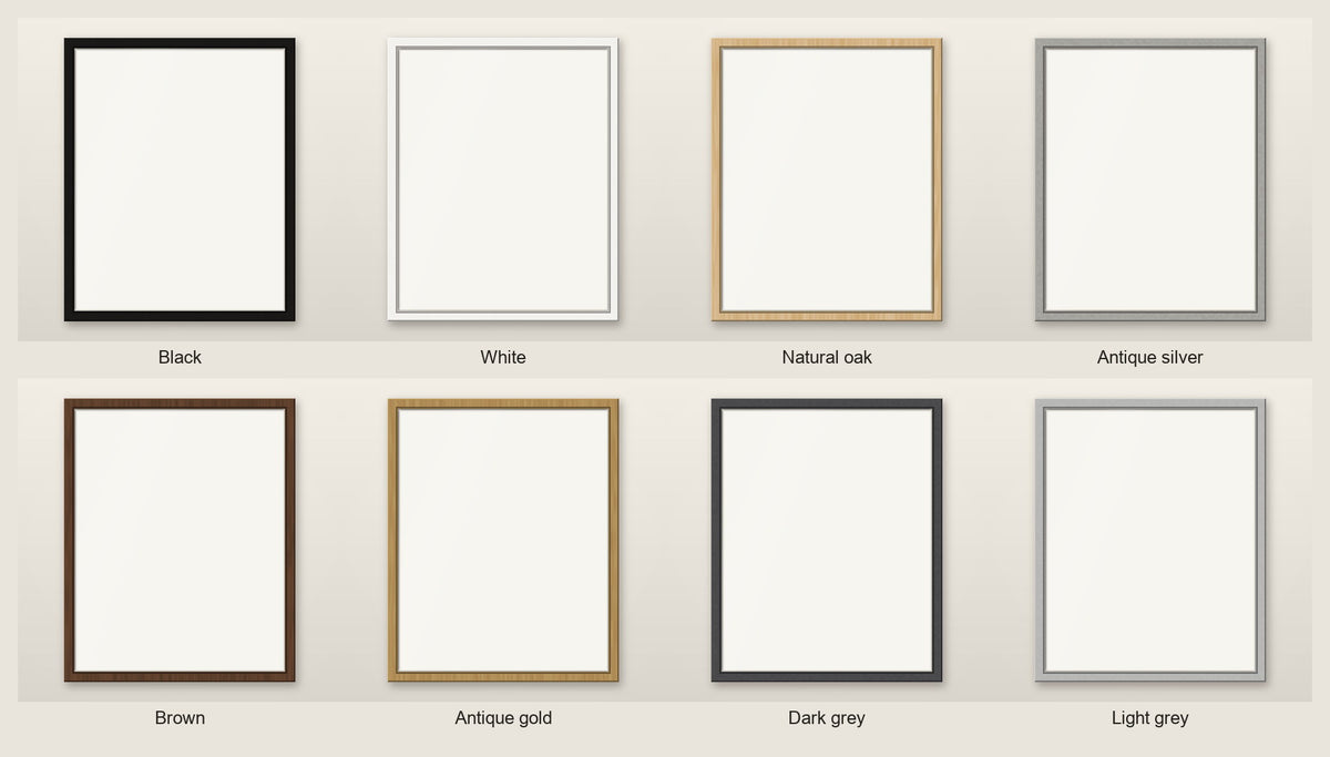 The eight frame colours OVREL offers: black, white, natural oak, antique silver, brown, antique gold, dark grey and light grey.