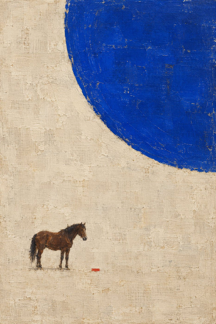 Cobalt Sun — large cobalt disc above a small horse on pale linen; art print, unframed