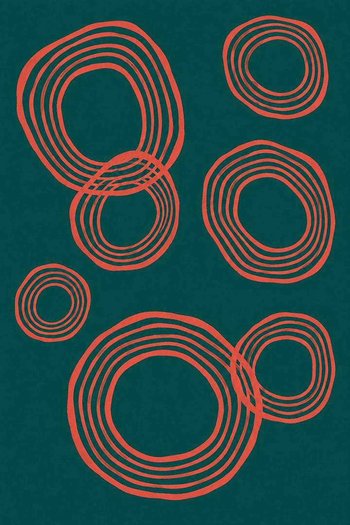 Coral Rings — coral concentric rings on deep teal; art print, unframed