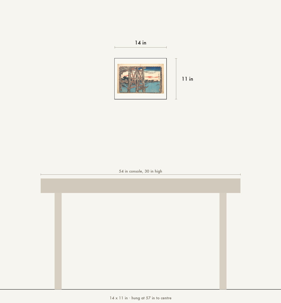 Scale drawing: this print at 11 by 14 inches shown above a 54 inch console, hung at 57 inches to centre.