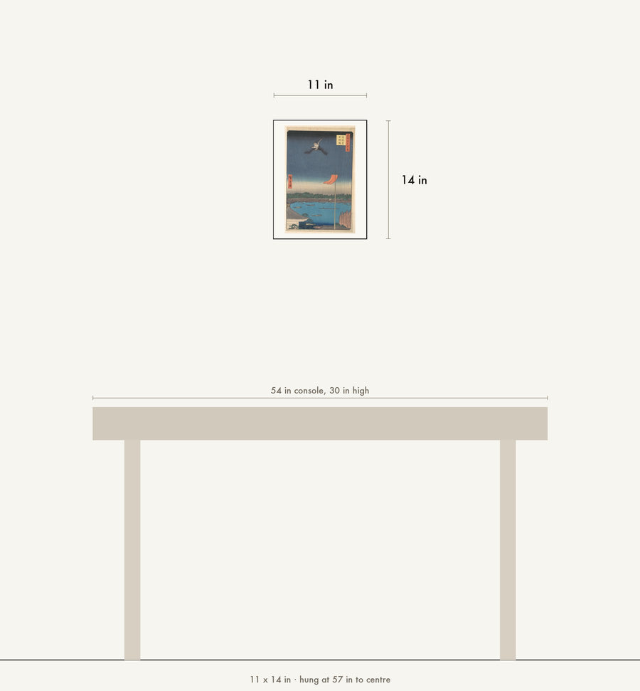 Scale drawing: this print at 11 by 14 inches shown above a 54 inch console, hung at 57 inches to centre.