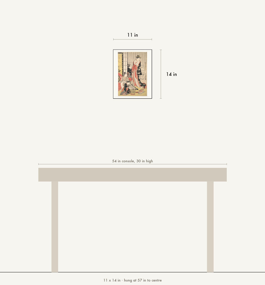 Scale drawing: this print at 11 by 14 inches shown above a 54 inch console, hung at 57 inches to centre.