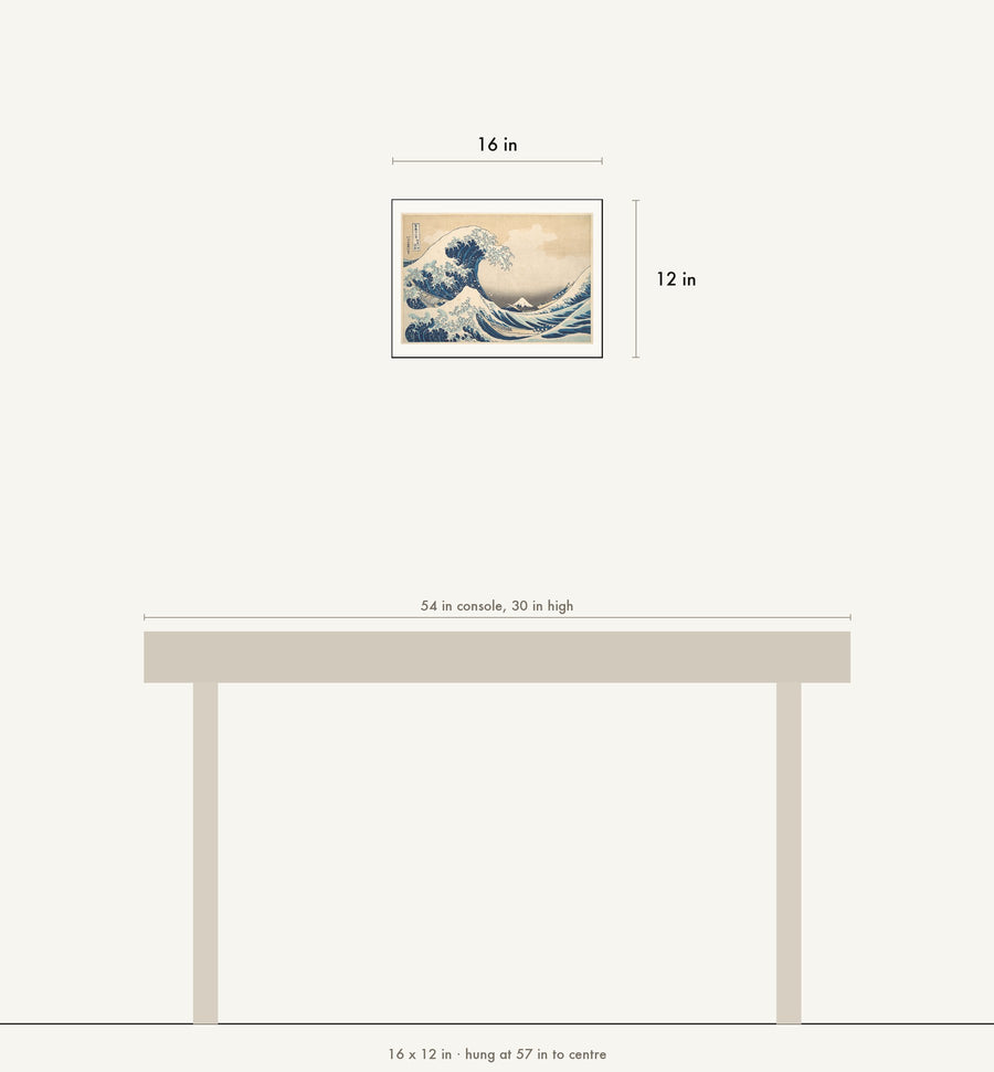 Scale drawing: this print at 16 by 12 inches shown above a 54 inch console, hung at 57 inches to centre.