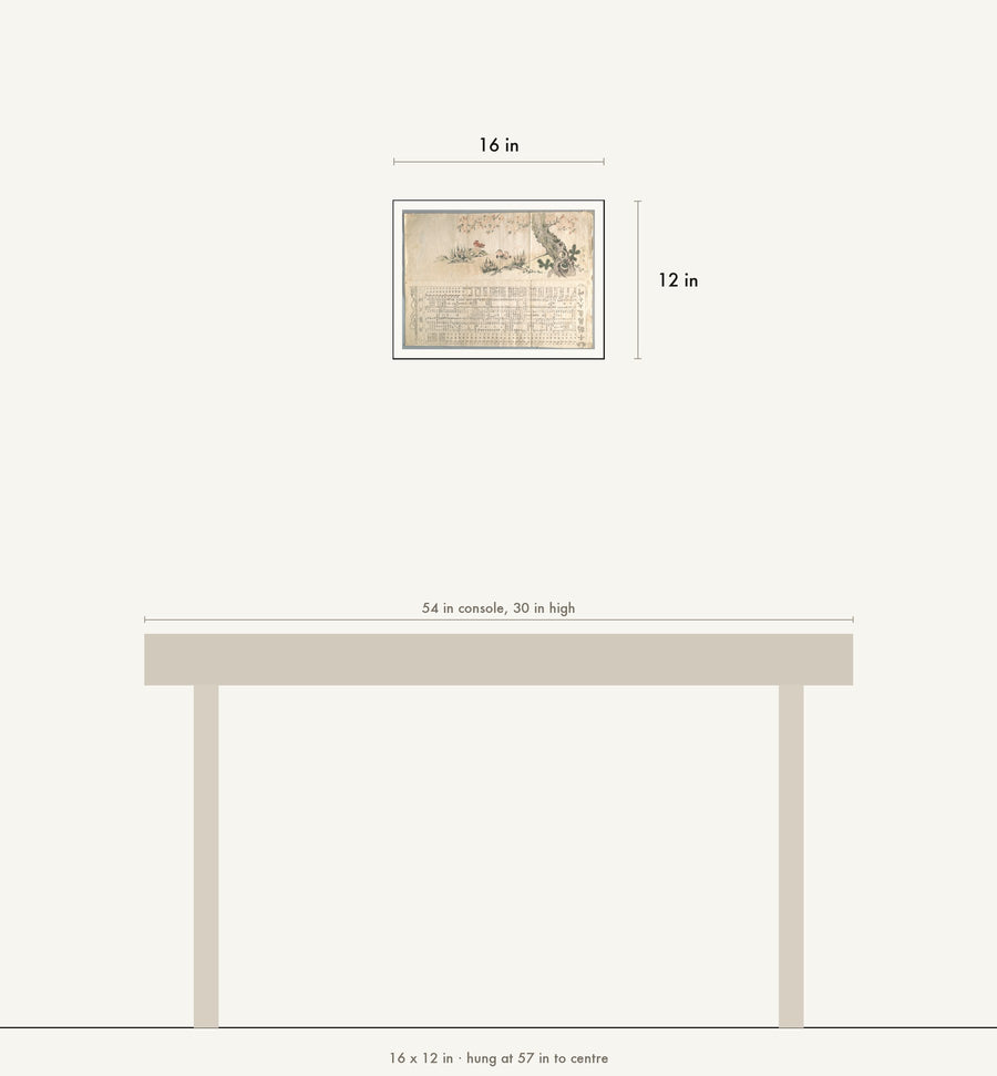 Scale drawing: this print at 16 by 12 inches shown above a 54 inch console, hung at 57 inches to centre.