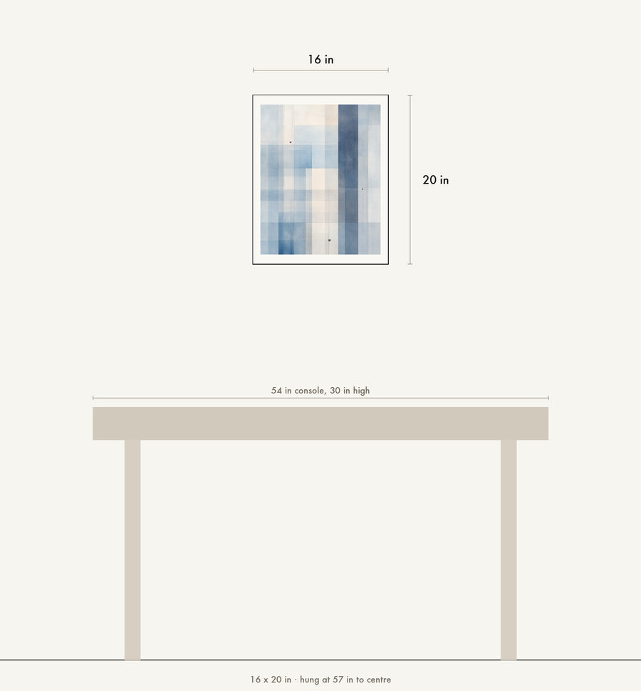 Scale drawing: this print at 16 by 20 inches shown above a 54 inch console, hung at 57 inches to centre.