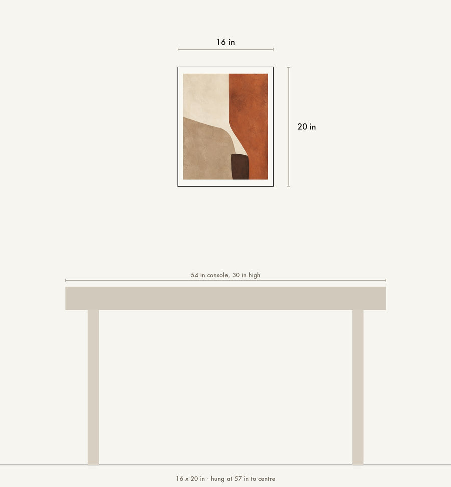 Scale drawing: this print at 16 by 20 inches shown above a 54 inch console, hung at 57 inches to centre.