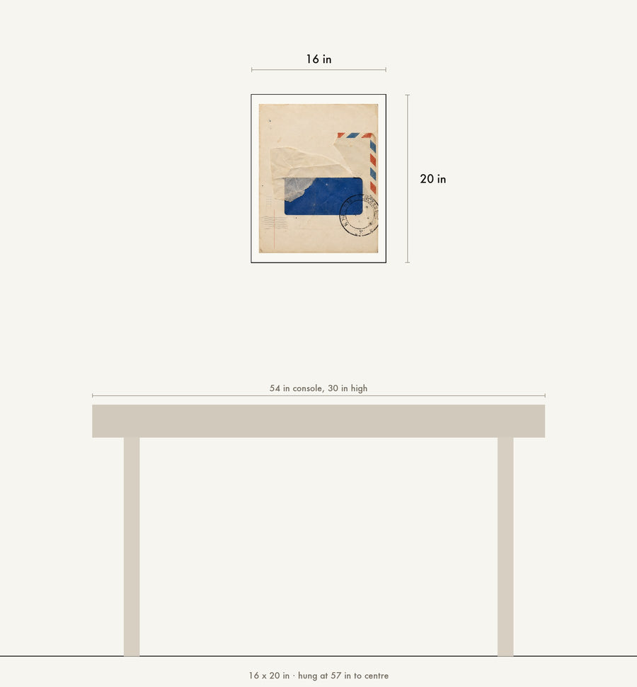Scale drawing: this print at 16 by 20 inches shown above a 54 inch console, hung at 57 inches to centre.