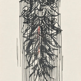 Ink Fall — dripping black vertical mass with a small red mark on cream; art print, unframed