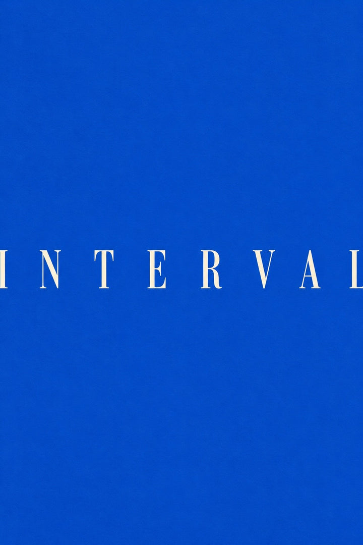 Interval, the unframed sheet. INTERVAL letterspaced small and white across a field of pure blue.
