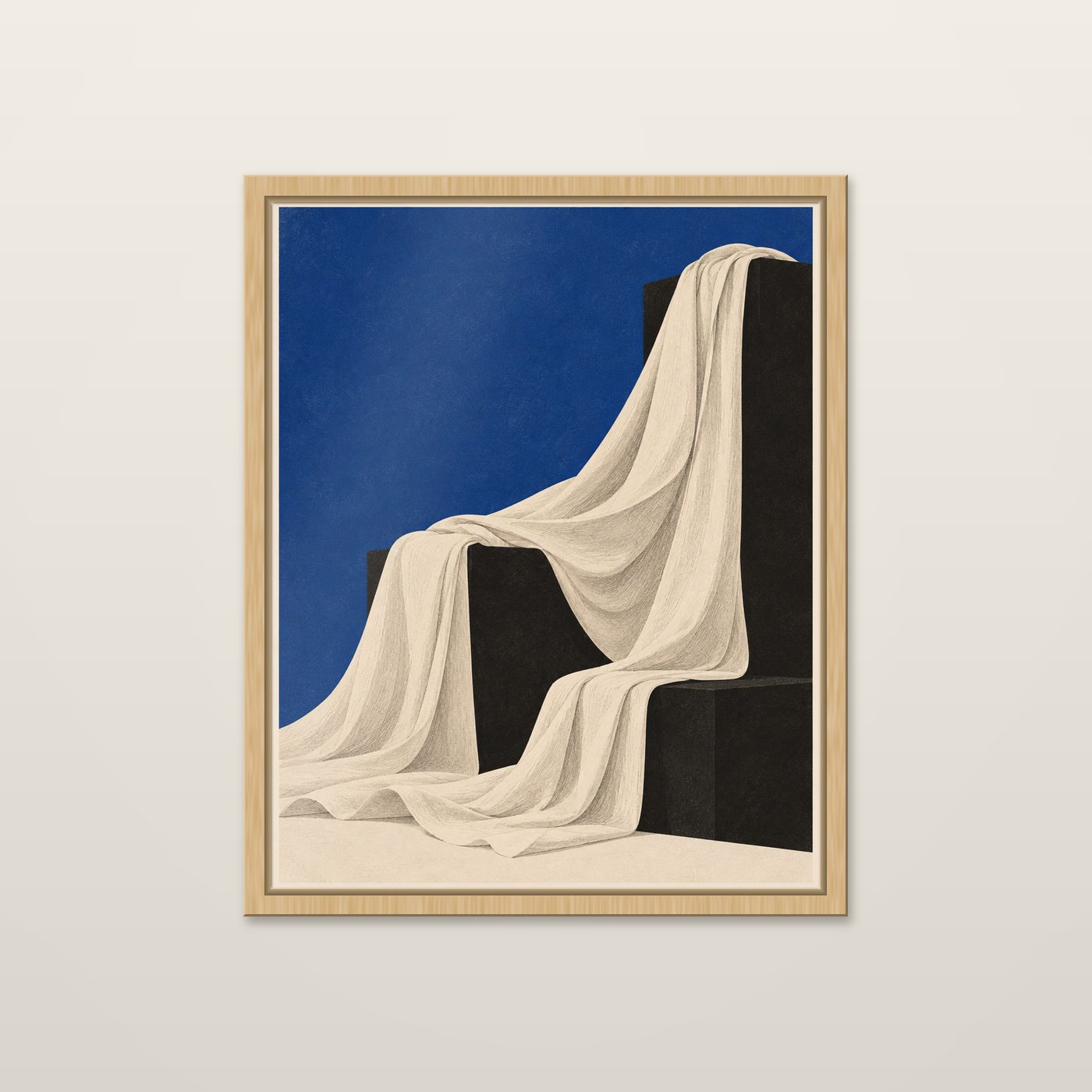 Drapery, Blue Field by OVREL in a natural oak frame.