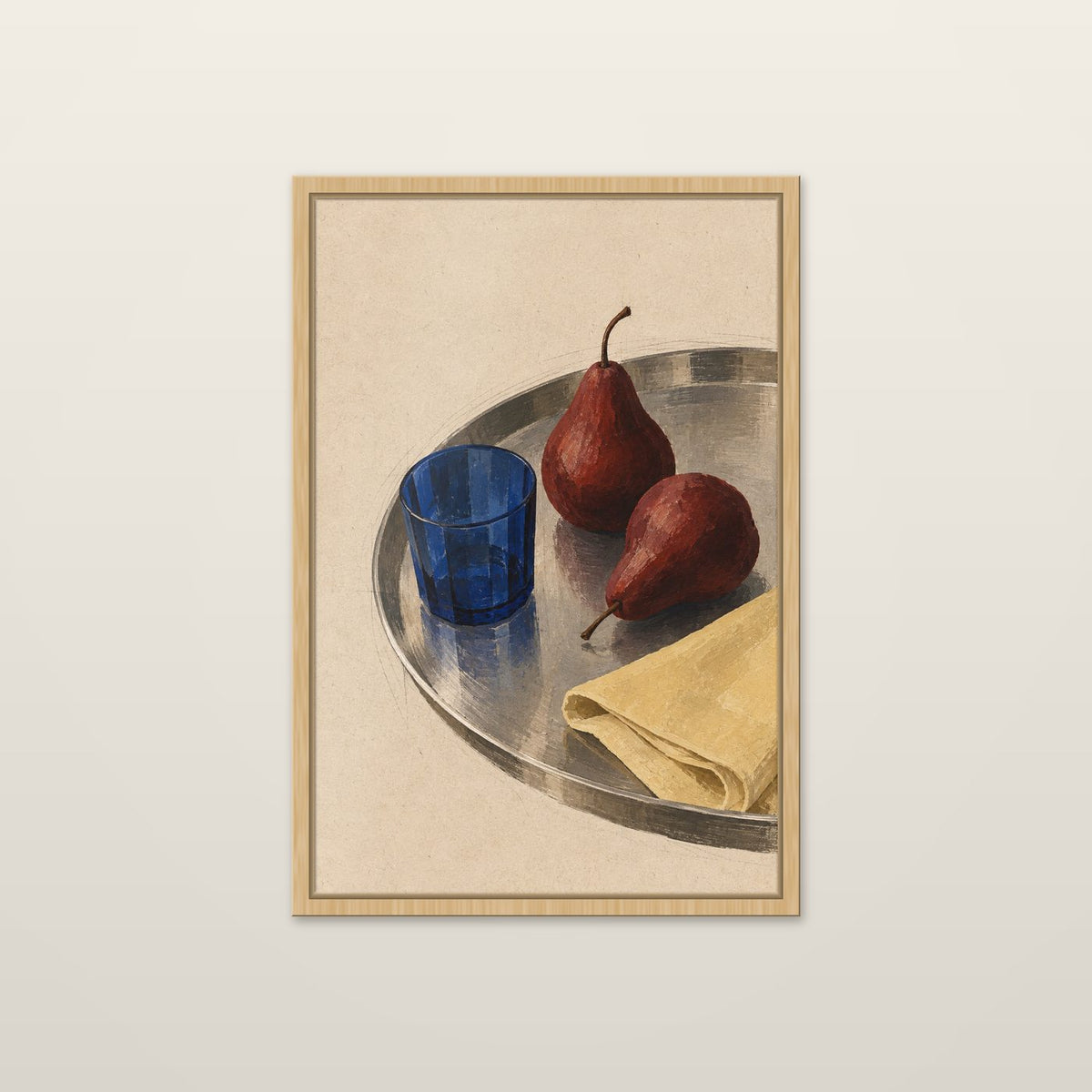 Pears and Cobalt Glass by OVREL in a natural oak frame.