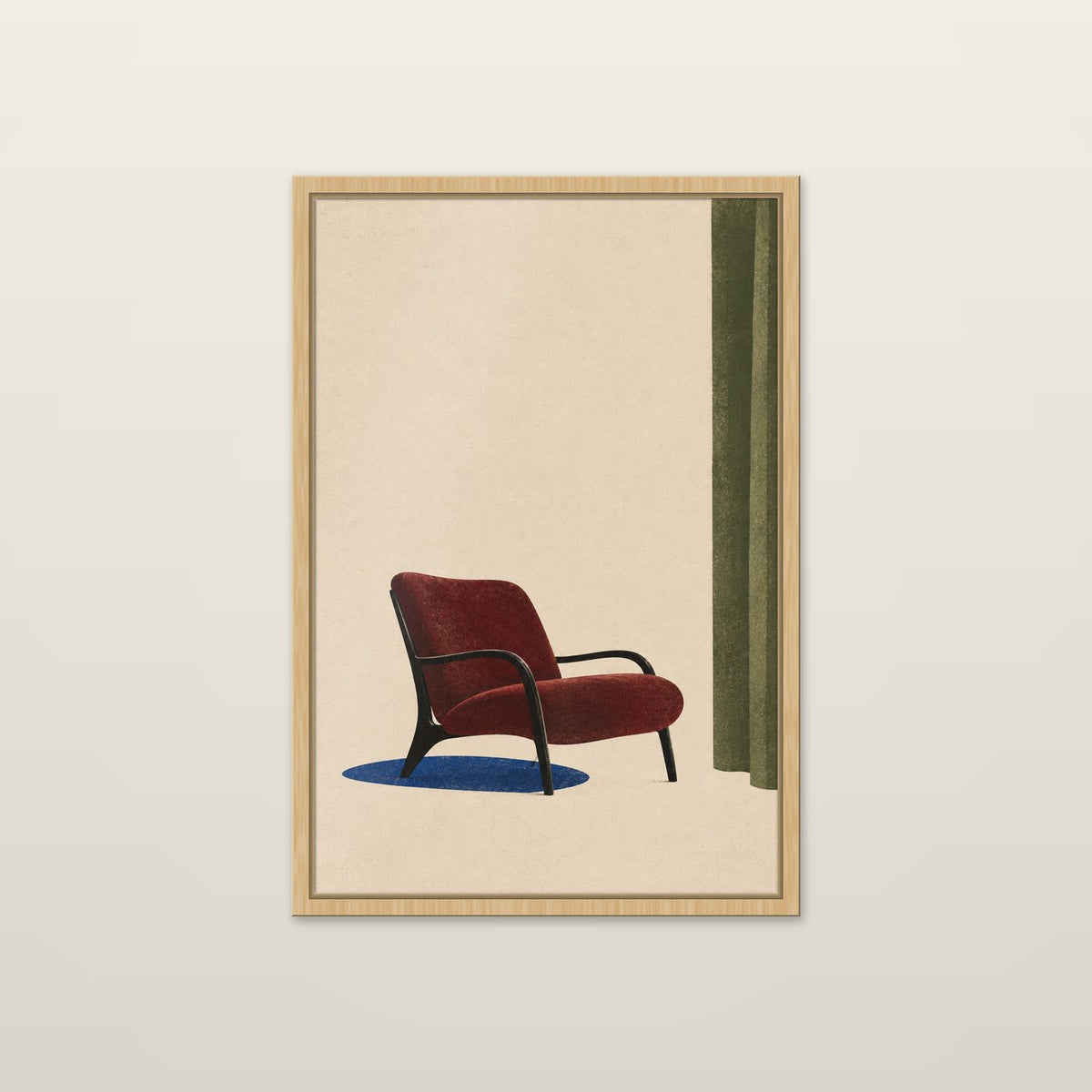 Red Lounge by OVREL in a natural oak frame.